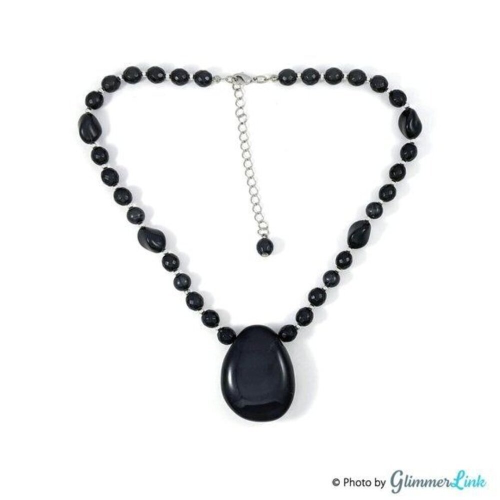 Silver Tone & Black Beaded Pebble Pendant Necklace